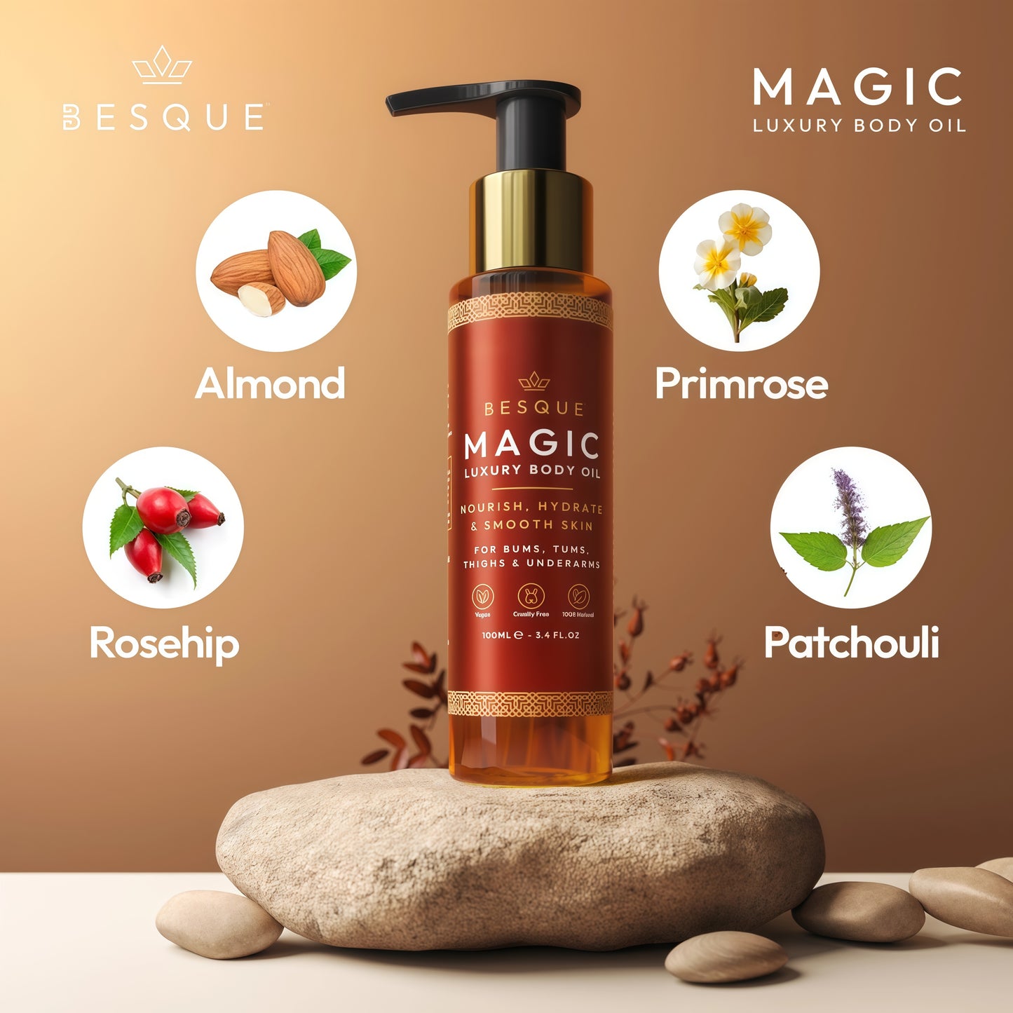 Besque Original Magic Body Oil - Hydrating Body Oils for Women - 3.4 FL OZ Skin Care Body Oils for Women That Plump, Tighten & Firm Skin With Natural Ingredients, Made in UK
